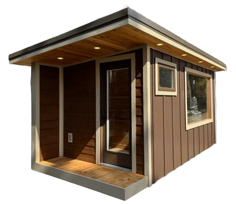 The Superior: board and batten with white trim, a covered cedar porch and a full-height picture window